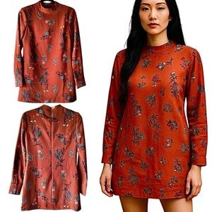Wayf Floral Mock Neck Long Sleeve Dress Floral Shift Dress Size XS Cinnamon